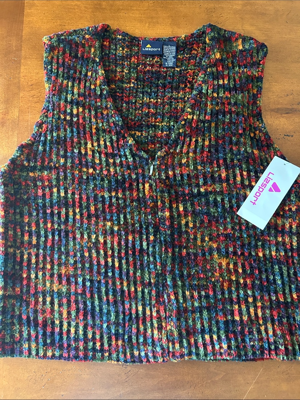 Vintage w/ tags Lizsport multicolor textured chenille knit full-zip v-neck vest